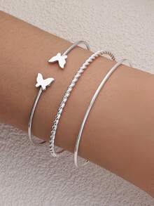 3入組/套時尚樹葉和圓球裝飾開口手鐲適合女士日常裝飾 - 銀色 - 查看 9