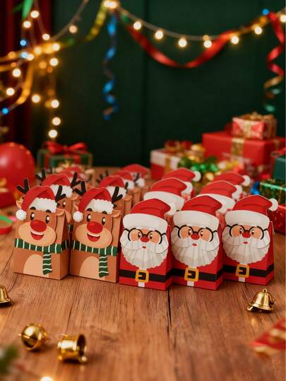 10pcs Christmas New Candy Boxes, Christmas Pocket Gift Candy Packaging Paper Boxes - Holiday Paper Snack Boxes With Reindeer And Santa Claus Patterns, Suitable For Holiday Gifts And Party Favors, Christmas Decorations, Cute Gift Bags, Holiday Gift Packaging / Party Decor, Adorable Gift Bags That Fully Capture The Christmas Atmosphere