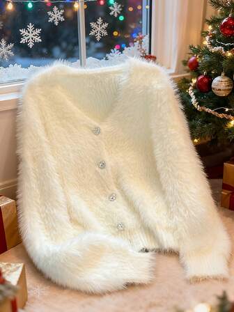 女士纯色优雅复古休闲浪漫针织纽扣仿毛领长袖开衫 V 领毛衣，适合茶会、返校、派对、节日、约会之夜、圣诞节、日常穿着、旅行、早春、初秋、所有季节