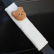 Cute Bear Car Interior Accessory Set - Bear Head Car Seat Belt Shoulder Pad, Steering Wheel Cover, Cute Cartoon Car Safety Belt Protector, Car Interior Decoration