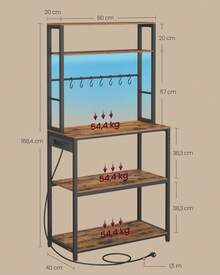 VASAGLE Estantería de Cocina con LED, para Microondas con Regleta, Estantes Ajustables, 8 Ganchos, 40 x 80 x 168,4 cm, Marrón Vintage y Negro Mate - Óxido marrón - Ver 4