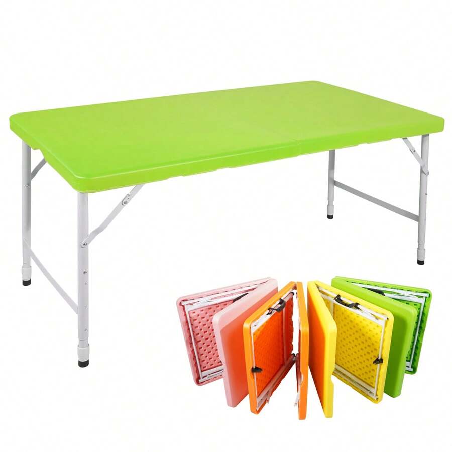 Tavolo pieghevole portatile resistente da 125 cm con maniglia, tavolo pieghevole regolabile in altezza, tavolo pieghevole multifunzionale per campeggio, picnic, feste al chiuso/all'aperto, capacità di peso 135 kg (blu) - Verde + Ferro + Plastica - Visualizzare 1
