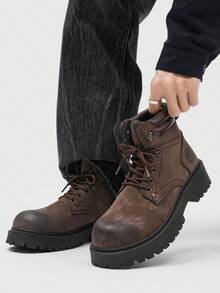 男士秋冬复古靴，工装靴，男士系带中筒靴，时尚个性厚底靴，青年朋克风休闲英伦高帮鞋，适合男士户外活动，摩托车鞋 - 棕色 - 查看 16