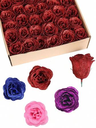 10pcs Artificial Glitter Roses, Decorative Fake Roses, DIY Artificial Flowers For Wedding, Home, Desk, Holiday Party Decor (Valentine's Day, Christmas, Thanksgiving)