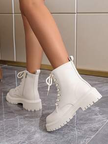 女士时尚厚底踝靴，百搭短靴，英伦风机车靴，2025秋冬新款 - 米色 - 查看 7