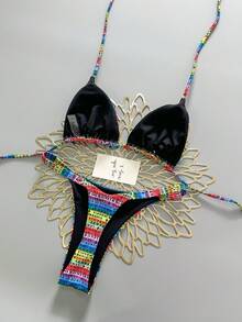 2pcs Bohemian Floral Print Tie-Up Braided Bikini Swimsuit, Casual Elegant Sexy Beach Vacation Outfit, Spring/Summer - Multicolor - View 2