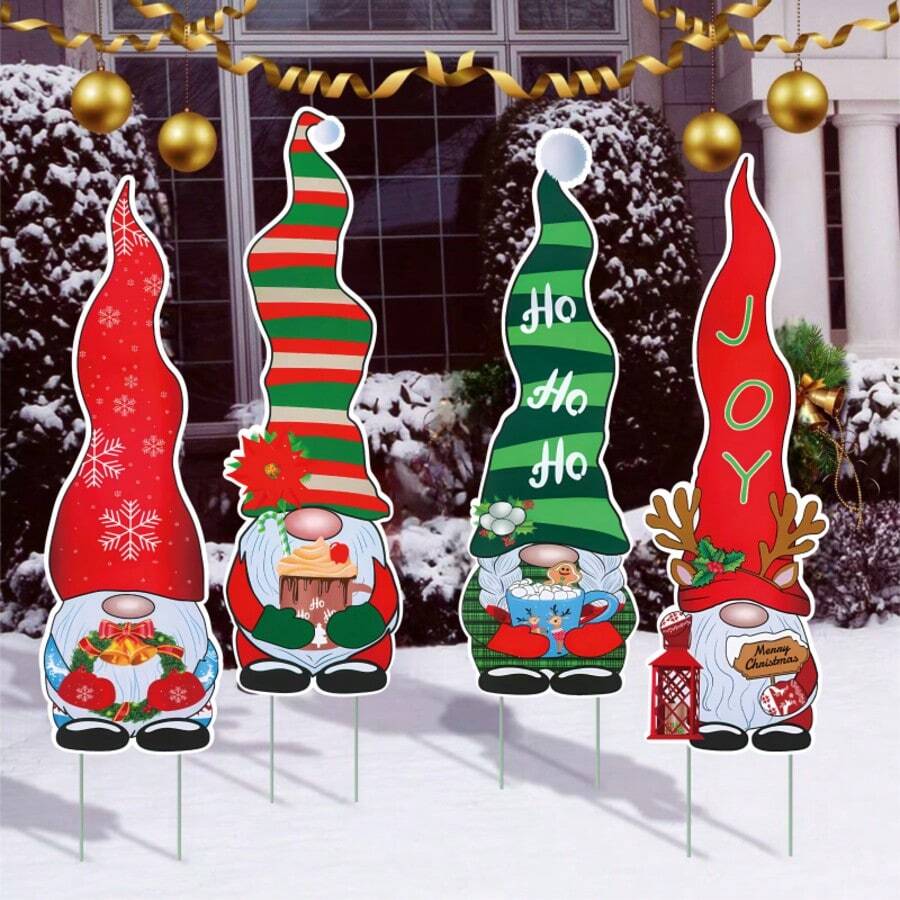4 Large Christmas Gnome Garden Signs With Stakes Outdoor Christmas Gnome Decorations Festive Giant Gnome Christmas Ornaments Perfect For Outdoor Gardens, Yards, And Lawns Christmas Party Supplies - Multicolor - View 1