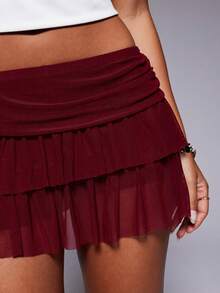 Women's Mini Skirt Mesh Sheer Flowy Hem Y2K Elastic Waist Low Rise A Line Cute Short Skirts Multi-Layer Ruffle Trim Lingerie Skirt Fashion Going Out Skirt Streetwear - 紅色 - 查看 4