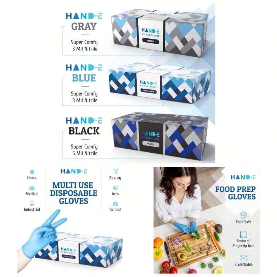 HandE Guantes desechables de nitrilo azul medianos, unidades, guantes de cocina, sin polvo, sin ltex, guantes de examen mdico con agarre texturizado en las puntas de los dedos, limpieza, saln y pintura - Chica - Ver 1