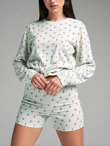2pcs Women Printed Short Sleeve T-Shirt And Shorts Casual Pajama Set, Winter Clothes - Multicolor - View 1
