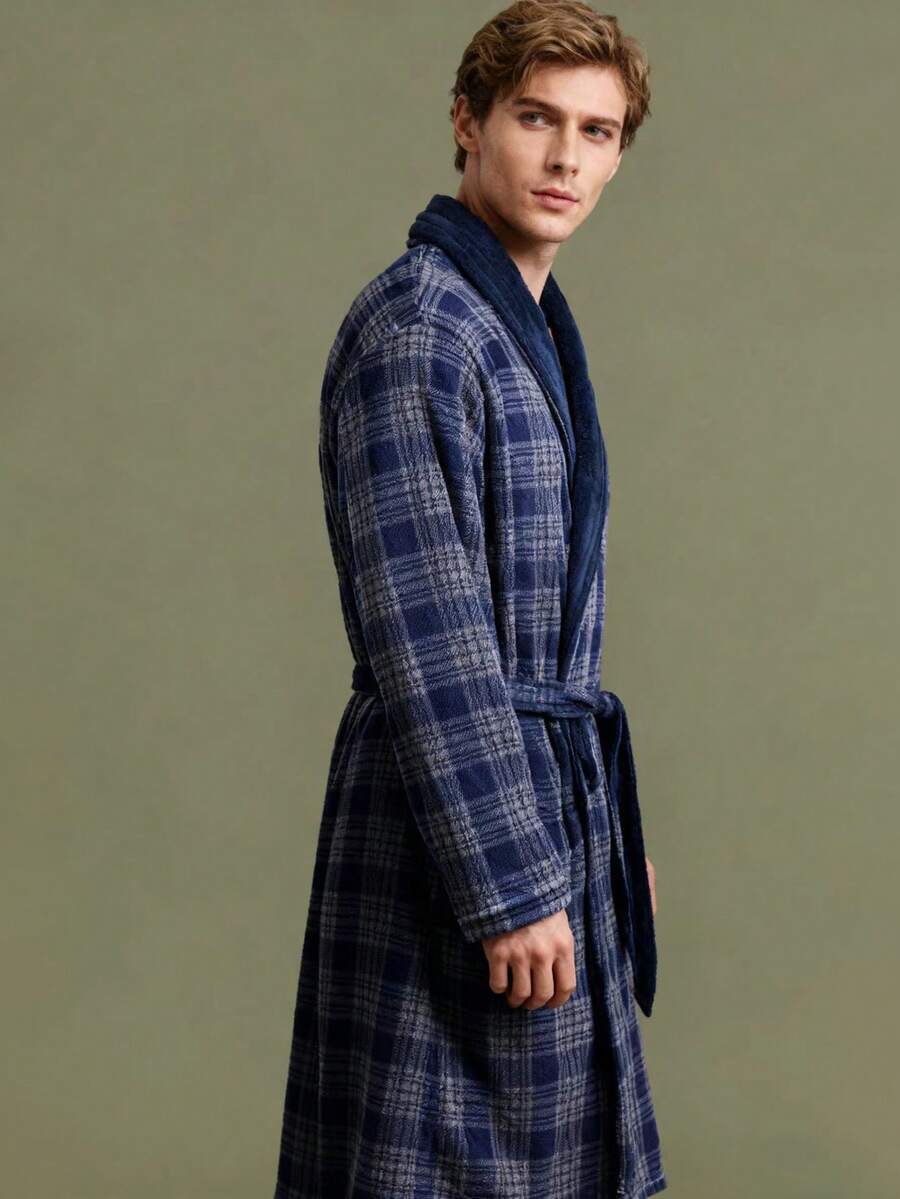 男士加长浴袍睡衣，厚法兰绒家居服 - 彩色 - 查看 1