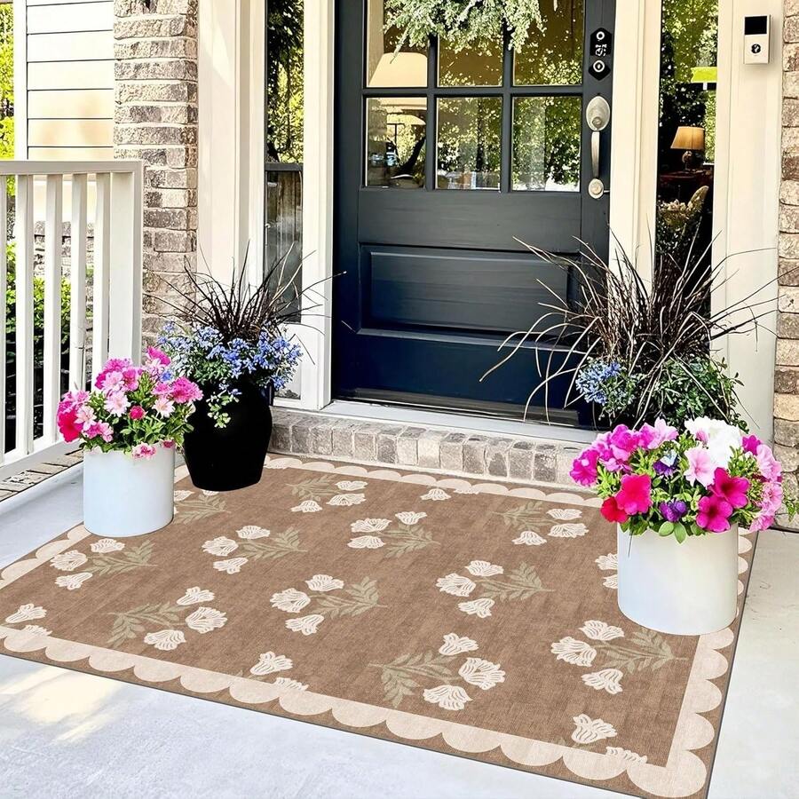 3x5 Floral Entrance Mat - Small Washable Indoor Outdoor Rug, Non-Slip Doormat For Front Door Porch, Boho Farmhouse Neutral Brown Carpet For Living Room Bedroom Entryway Kitchen Laundry Office Foyer Decor - Brown - View 1