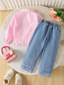 2pcs/Set Girls Young Girl 2025 Fall New Minimalist Pink & White Striped Long Sleeve Collared Shirt And Cute Butterfly Print Cuffed Straight Leg Jeans Pants Outfit - Pink - View 9