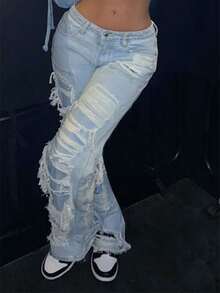 Women Street Style Double-Layered Ripped Straight-Leg Jeans - 淺色水洗藍 - 查看 11