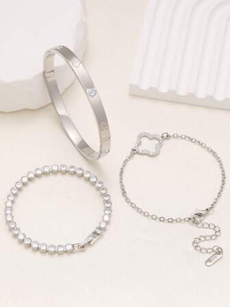 Flower & Four-Leaf Clover Zirconia Bracelet & Bangle Set, Luxury Fashion Jewelry For Daily Wear