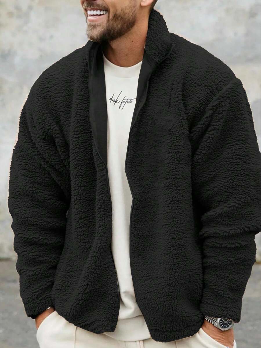 Men's Casual Fleece Warm Solid Color Sports Outdoor Street Windproof Insulated Jacket - Black - View 1
