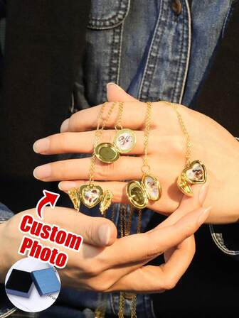 Collar con dije de medallón personalizado/con foto para mujer, collar con medallón con alas de ángel que guarda fotos para mujer, medallón conmemorativo personalizado con foto grabada en oro/plata/oro rosa para niñas y mujeres, estilo elegante, vintage, sencillo, de dinero antiguo, casual personalizado, para aniversarios, cumpleaños, uso diario, baile de graduación, Día de la Madre, San Valentín, graduación, bodas, collares de moda personalizados con foto, estilo casual chic de calle, glamour de Año Nuevo