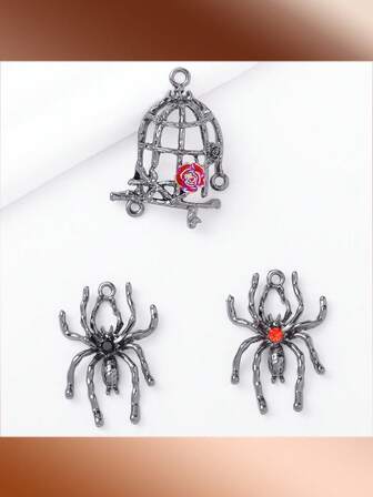 5pcs Dark Series Spider Rose Cage Pendant Zinc Alloy Jewelry Accessories, Handmade Earrings, Phone Charms, DIY Hanging Decor, Unisex Daily Outfit Accessories