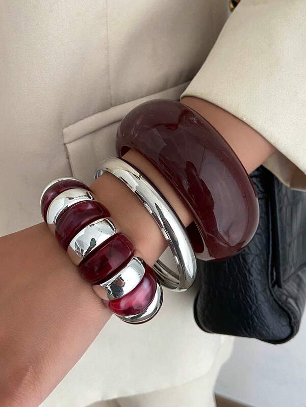 1pc Bohemian Geometric Asymmetrical Arc Smooth Metal Resin Cuff Bracelet, Luxurious Casual Party Women's Couples Wedding Holiday Versatile Jewelry Resin Bracelet Gift (The Material And Color Of The Bracelet Are Subject To The Actual Product)