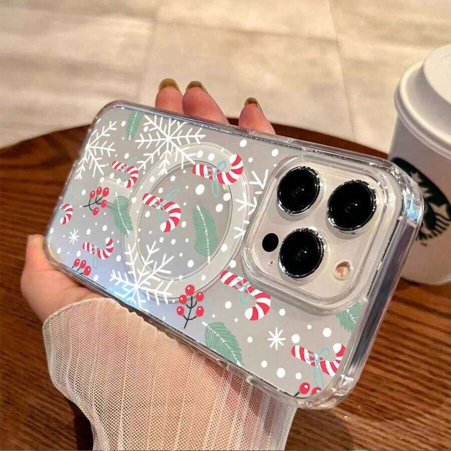 Funda magnética transparente con diseño de copo de nieve y orificio grande para carga inalámbrica. Compatible con phone 17, 16, 15, 14, 13, 12 Pro, 17, 16, 15, 14 Plus, X/XS y S22, S23, S24, S25 Ultra/Plus/FE/+. Acabado mate anticaídas. - transparente - Ver 1