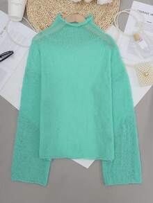 2025新款女装秋季服饰，适合春夏穿着或叠穿，搭配纯色轻薄柔软休闲日常通勤套头毛衣，长袖 - 薄荷藍 - 查看 3