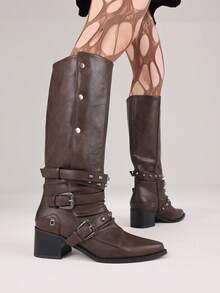 Punk Knee High Boots Gothic Pointed Toe Metallic Studded Buckle Chunky Heel Boots Motorcycle Sexy Party Christmas Dress Riding Boots With Stud - 棕色 - 查看 3