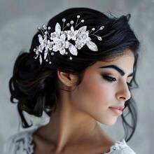 1件新娘头饰，手工制作仿珍珠和水晶装饰花朵发梳，银色 - 銀色 - 查看 2