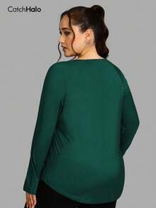 1pc Plus Size Fleece Sports T-Shirt, Green Long Raglan Sleeve With Thumb Hole, Curved Hem Round Neck Loose Soft Fit Winter - Dark Green - View 11