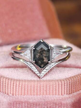 1件套复古迷人菱形玛瑙925纯银戒指套装，时尚派对/生日/订婚/结婚/周年纪念礼物，日常佩戴