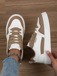 女士时尚休闲运动鞋低帮系带透气拼色运动鞋，轻便舒适滑板鞋