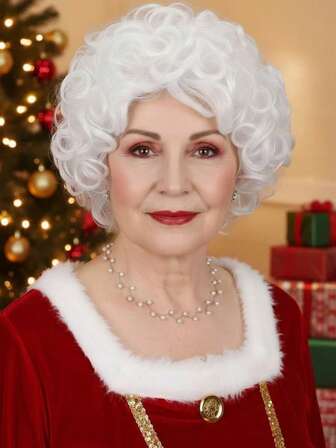 Christmas Mrs Santa Claus Wig For Women,Short Curly White Granny Wigs High-Density Breathable Rose Mesh Cap,Short Layered Synthetic Wig, Suitable For Christmas Or Carnival Use