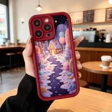 Cubierta de telefono con borde negro diseño de paisaje fantastico con casa de dulces y camino de algodón de azucar para uso diario en cafeterias Aplicable a los teléfonos de la serie Apple y Galaxy - Burdeos - Ver 7