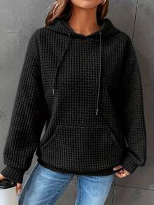Color Waffle Pattern Hoodie - Autumn Winter Loose Fit Slimming Drawstring Pocket Casual Top - Black - View 3