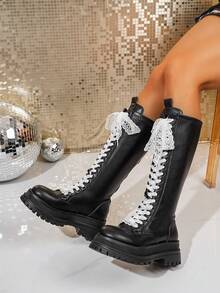 Women's Lace-Up Thick Sole Elegant Versatile Personalized Knee-High Zipper Back Fashion Boots, Suitable For Autumn/Winter - Black - View 2