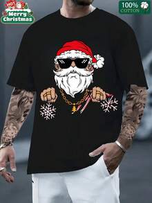 Camiseta Hombre Navidad Santa Claus Hip Hop con Gafas y Cadena, 100% Algodón 220g Duradera, para Fiestas Urbanas Look Street Style Navideño, Diseño Único Estilo Hip Hop Moderno, Moda Urbana Navideña  Streetwear 2025, para Hombres Jóvenes Amantes del Hip Hop y la Navidad, Camiseta Santa Hip Hop Hombre Algodón 100%,camisas de hombre,playeras navideñas,playera de hombre,ropa en pareja,oversize hombre. - Negro - Ver 1