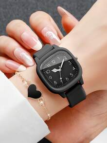 Set de 2 relojes de cuarzo de silicona para mujer con esfera cuadrada y pulsera elegante con encanto, sin caja de reloj incluida - Negro - Ver 2
