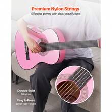 Classical Guitar, 38 Inch, Wood Classical Guitar Starter Kit For Beginners, With Nylon Strings, Gig Bag, Strap, Tuner, Extra Strings, Picks, Capo, Basswood, For Teenagers Adults Students, Pink - 38-inch Pink - 查看 3
