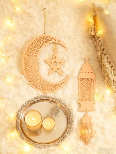 1pc Wooden Hollow Crescent Moon Lantern Wall Art Decor, Holiday Home Wall Decor Wooden Decorative Hanging Crescent Moon Lantern Hollow Design Indoor Wall Scenery Hanging Ornament