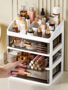 1pc Multi-Layer Desk Makeup Organizer Box, Tabletop Skincare Dust-Proof, Household Drawer-Type Separated Lipstick Vanity, Jewelry Storage Rack, Transparent Drawer Storage Box, Desk Storage Box, Cable Organizer Box - Black and White - View 3