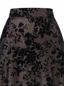 EARO 女士时尚天鹅绒印花优雅百搭修身A字裙 - 黑色 - 查看 4