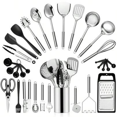 Stainless Steel Cooking Utensils Set LIANYU 31Piece Metal Kitchen Tools With Holder For Home Cooking Heat Resistant And  Kitchenware Including Skimmer Turner Spatula Dishwasher  For Daily Use In Kitchen Preparation And Meal Assembly