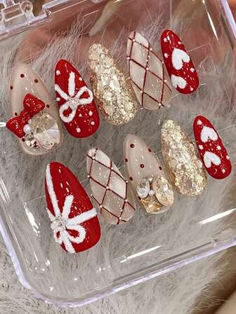 10pcs Medium-Length Almond Nail Stickers, Hand-Painted White Plaster 3D Ribbon Bow, Cute Red Nail Art Decals, Hand-Painted White Plaster Heart Nail Stickers, Hand-Painted Diamond Pattern With Small Steel Beads, Cute Almond-Shaped Press-Type Nail Stickers