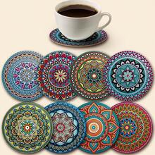 8pcs Mandala Coasters, Wooden Coaster Set, Essential For Holiday Gatherings, Suitable For Bars, Offices, And Homes, All Occasions, Size 3.94inch X 3.94inch Cocina Kitchen Essentials Kitchen Accessories