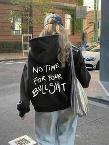 女款秋冬連帽衛衣，印有「No Time For Your」圖案，柔軟舒適，毛茸茸秋冬上衣 - 黑色 - 查看 3