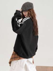 Luźna bluza damska z okrągłym dekoltem i luźnym krojem, zabawny nadruk, minimalistyczny design, długi rękaw, jesień - F979 Czarno-biały - 733 Żółty - Zobacz 4