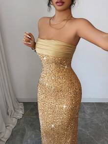 Women's Elegant Party/Date Night/Evening Gown, Satin Patchwork Satin Sequin Embroidered Strapless Bodycon Maxi Dress, Suitable For Party, Formal Occasions, New Year, Spring Festival, Thanksgiving - Gold - View 2