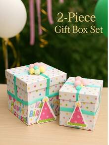 NICE LIFE 2 Stücke "Alles Gute zum Geburtstag" Geschenkbox Set mit Bommel-Schleife, bunte dekorative quadratische Boxen für Geburtstagsgeschenke