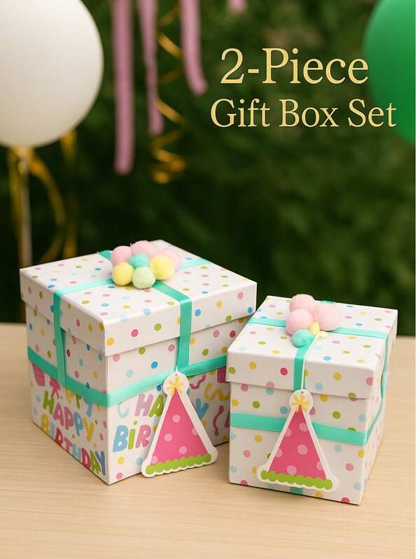NICE LIFE 2 Stücke "Alles Gute zum Geburtstag" Geschenkbox Set mit Bommel-Schleife, bunte dekorative quadratische Boxen für Geburtstagsgeschenke
