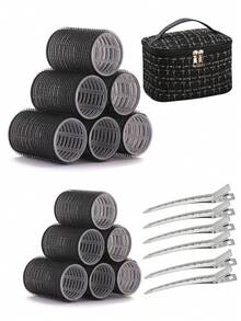 女士专用2种尺寸卷发器，24个卷发棒，适用于长发、中发、短发，大号、中号、小号自粘式卷发器，含12个卷发棒、1个发夹和1个化妆包 - 彩色 - 查看 9