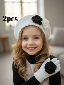 Set de 2 piezas de gorro de boina y guantes de punto con decoración de flor y lazo para niñas bebés, estilo vintage de palacio, para otoño/invierno - 2 piezas - Ver 8